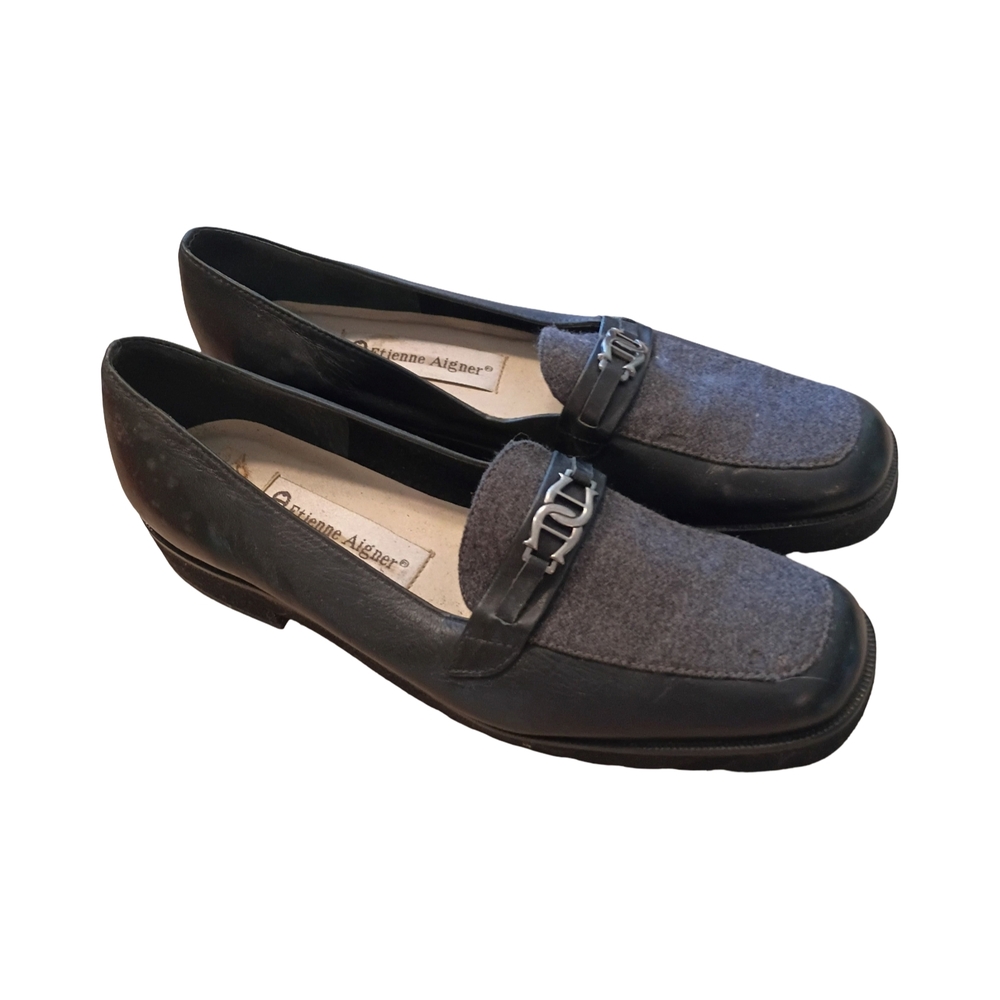 Vintage Etienne Aigner Black and Gray Loafers with Metal Bit